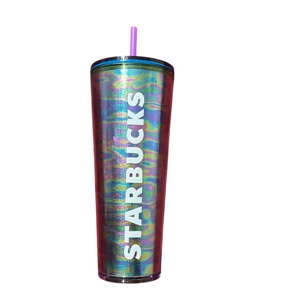 Starbucks 24oz Oil Slick Iridescent Cold Cup Tumbler Venti‎ Rainbow Blue Lid